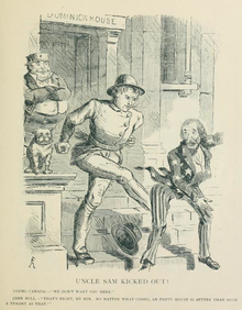 A drawing of a man kicking another man on the steps of a building. A third man and a dog are watching the scene from the top of the steps.