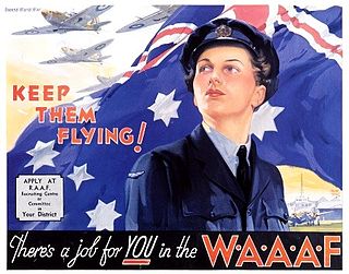 WAAAF recruiting poster showing a woman in WAAAF uniform with Australian flag and single-engined aircraft in flight in the background, and the captions "Keep them flying!" and "There's a job for YOU in the WAAAF"