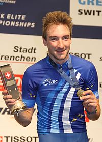 Elia Viviani in the old European Champion Jersey after winning at the 2015 Track Road Championships