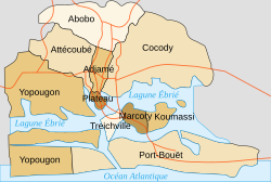 Map of the 10 communes which formed the former City of Abidjan (422 km2), now included in the larger Autonomous District of Abidjan (2119 km2)