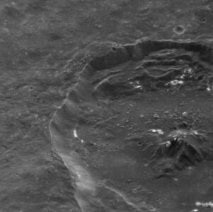 MESSENGER image at high sun angle, showing the northern crater and possible hollows