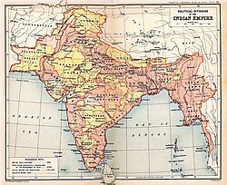 Political subdivisions of the British Raj in 1909. British India is shown in two shades of pink; Sikkim, Nepal, Bhutan, and the Princely states are shown in yellow.