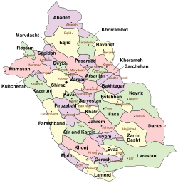 Location of Zarqan County in Fars province (center, purple)