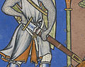 Detail of a sword being drawn from its scabbard, Morgan Bible fol. 28v, c. 1250.