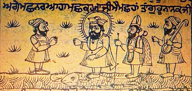 Pen-and-ink drawing of Guru Nanak and two other men standing on a long fish