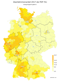 Endgültiges Ergebnis der Bundestagswahl 2017 in Deutschland, Zweitstimmenanteil in Prozent der FDP