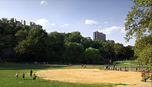 People on a playing field with trees and high-rise buildings visible in the background