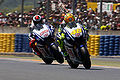 Valentino Rossi and Jorge Lorenzo, riding their FIAT Yamaha YZR-M1's at the 2010 French Grand Prix.