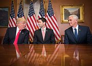 Vice President-elect Mike Pence (right) joins President-elect Donald Trump (left) at a meeting with Speaker of the House Paul Ryan during the 2016–17 presidential transition of Donald Trump