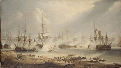 Seven ships lie in various states of repair on still waters. On the shore, in the foreground, large crowds rush towards the sea. Smoke drifts through the scene.