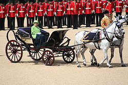 Queen Elizabeth II riding in a phaeton, drawn by Windsor Grey horses, at the 2007 Trooping the Colour. (This carriage is known as the "Ivory-mounted Phaeton".)