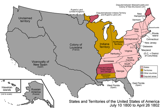 Map of the United States after the secret Third Treaty of San Ildefonso transferred the Spanish colony of la Luisiana to the French Republic on October 1, 1800