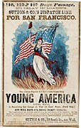 Columbia holding up a Phrygian cap on an advertisement for the clipper ship Young America