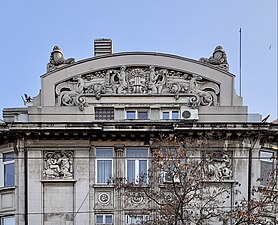 Art Deco pediment of the Mihai Zisman House (Calea Călărașilor no. 44), Bucharest, by architect Soru, 1920