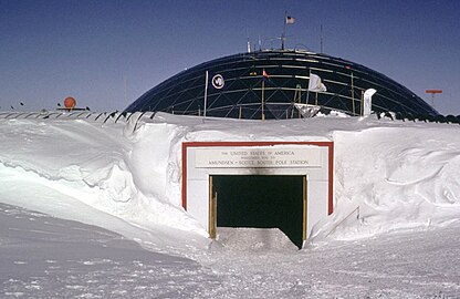 The main entrance to the former geodesic dome ramped down from the surface level. The base of the dome was originally at the surface level of the ice cap, but the base had been slowly buried by snow and ice.