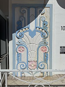 Highly-stylized Art Deco palmette on the Congress Hotel (Ocean Drive no. 1036), Miami Beach, Florida, US, by Henry Hohauser, 1936