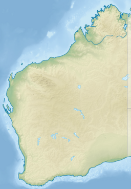 A map of Western Australia with a mark indicating the location of Pink Lake