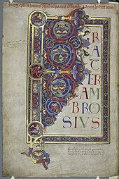 Romanesque rinceaux on a page from the Bury Bible, by Master Hugo, c.1135-1140, illumination on parchment, Corpus Christi College, University of Cambridge, the UK
