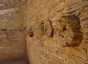 Chaco interior wall, showing log and stone construction, Chaco Cultural Historic Park, New Mexico