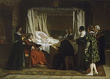 A bedchamber with golden walls and a big bed, in which a woman lies in all whit, surrounded by six men. A scribe is sitting opposite of her, writing, and a man in a long red coat is sitting next to her, looking somber, with a woman in black consoling him.