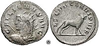 Antoninianus issued to celebrate LEG VII CLA VI P VI F, "Legio VII Claudia six times faithful and loyal."
