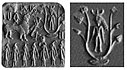 Horned deity with one-horned attendants on an Indus Valley seal. Horned deities are a standard Mesopotamian theme. 2000-1900 BCE. Islamabad Museum.[111][112][113][114]