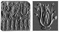 Horned deity with one-horned attendants on an Indus Valley seal. Horned deities are a standard Mesopotamian theme. 2000-1900 BCE. Islamabad Museum.[1][web 1][2][3]