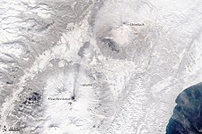 Satellite image and map of Klyuchevskaya Sopka in 2002 by NASA.