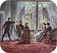 Image of Lincoln being shot by Booth while sitting in a theater booth