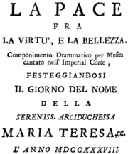 Luca Antonio Predieri – La pace fra la virtù e la bellezza – Titelseite des Librettos – Wien 1738