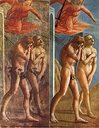 The Expulsion from the Garden of Eden, by Masaccio, before and after restoration. It was painted in 1425, covered up in 1680, and restored in 1980.