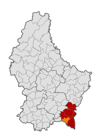 Map of Luxembourg with Mondorf-les-Bains highlighted in orange, and the canton in dark red