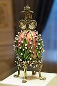 Lilies of the Valley, a Fabergé egg; by Peter Carl Fabergé; 1898; enamel, gold, diamonds, rubies & pearls; 15.1 cm (5.9 in) when is closed; Fabergé Museum (Saint Petersburg, Russia)