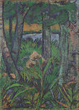 Forest with flowers and pond, c. 1925, distemper on jute, 106.5 x 77 cm