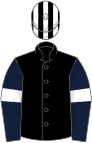 Black, dark blue sleeves, white armlets, black and white striped cap