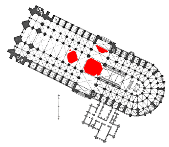 The area directly under the crossing and two other cells of vaulting collapsed