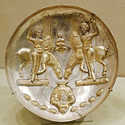 Sassanian silver platter with warrior twins on winged horses (5th/6th century CE)