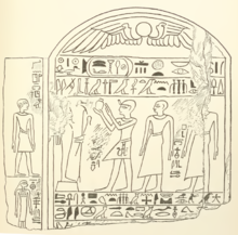 Rahotep (raising arms) while offering to Osiris. Stele BM EA 833, drawn by Wallis Budge.[2]