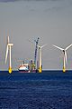 Jackup barge servicing a Vestas V80-2MW wind turbine of the Scroby Sands wind farm.