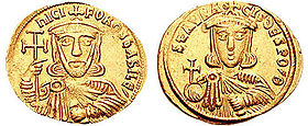 Obverse and reverse of a medieval gold coin, showing the busts of a bearded crowned man and of a younger crowned man