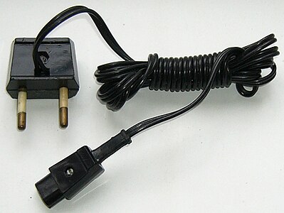 Soviet shaver power cord. The plug is similar to CEE 7/16, but has different configuration. Thermoplastic plug is rated 6 A and 250 V.