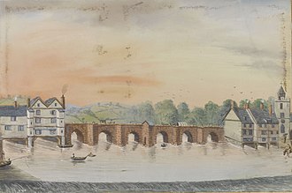 Watercolour scene of a stone bridge over a river