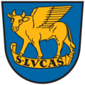 Schreitender Flügelstier im Wappen von Bleiburg mit dem Spruchband S. LVCAS