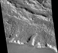 Channels just to south of Sinton, as seen by CTX camera. These were created when the impact occurred in ice-rich ground. Note: this is an enlargement of the previous image of west side of Sinton.