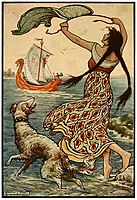 "The black-browed maid stood upon the bank as the red ship ... sailed away from Novgorod" Illustration for Russian Fairy Book (1916).