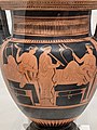 Attic red-figure column-krater attributed to the Hephaistos Painter, dating c. 450 – c. 425 BCE, depicting a hetaira playing the aulos at a symposium for two men holding lyres, Eskenazi Museum of Art