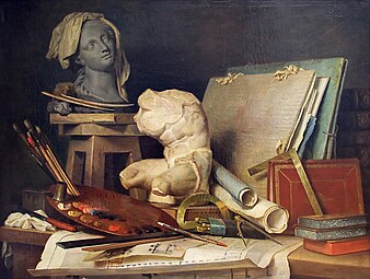 The Attributes of the Arts; by Anne Vallayer-Coster; 1769; oil on canvas; 90 x 121 cm; Louvre[23]