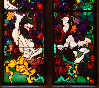 Dying Catherina and Barbara, detail from the Martyrs windows in Fribourg Cathedral, by Józef Mehoffer (1898–99)
