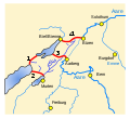 Vier grosse Kanäle (rot): 1: Zihlkanal 2: Broyekanal 3: Hagneckkanal 4: Nidau-Büren-Kanal Entwässerungskanäle (violett)