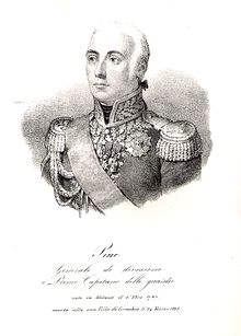 Black and white print of a solemn-looking man with white hair. He wears a dark military uniform of the early 1800s, with high collar, epaulettes, and lots of gold lace and awards.